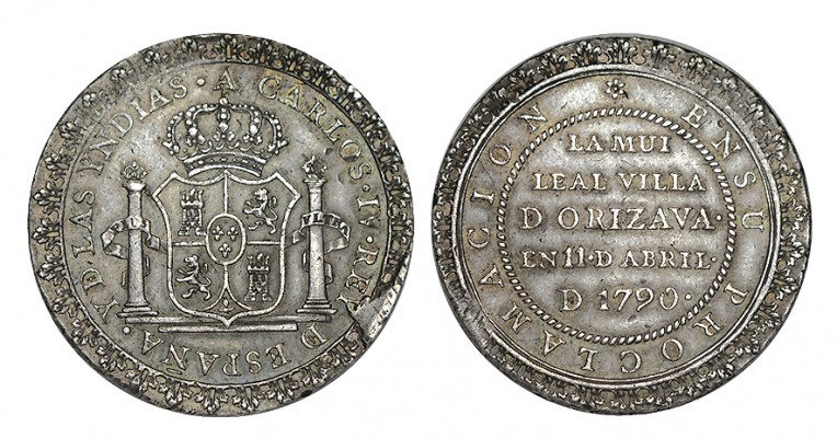 PROCLAMACIÓN EN ORIZABA. Carlos IV. 1790. Plata. Ø35mm. AH-176. ESCASA. EBC