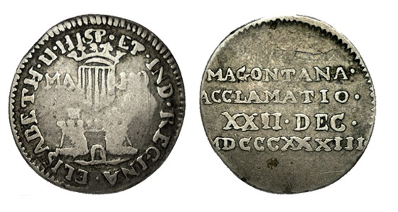 PROCLAMACIÓN EN MAHÓN. Isabel II. 1833. Plata. Ø22mm. AH-25. 3,36 g. ESCASA. MBC...