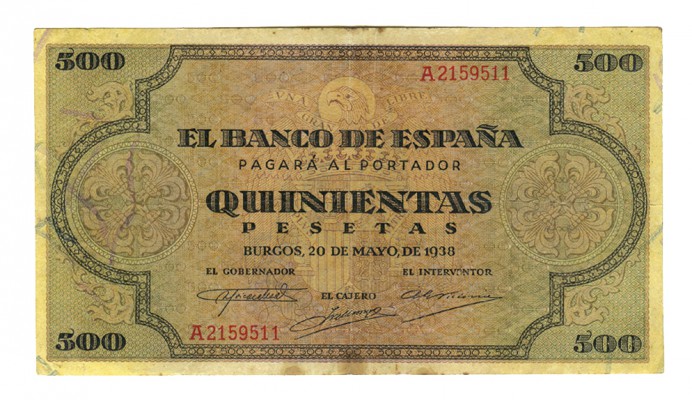 500 PESETAS. Burgos. 20 de Mayo de 1938. Serie/ A … 9511. D-34. Ligeras manchas....
