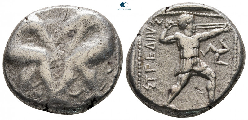 Pamphylia. Aspendos circa 380-325 BC. 
Stater AR

22 mm, 10,83 g

Two wrest...