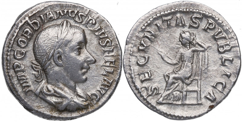 240 d.C. Gordiano III. Roma. Denario. RSC 340 – RIC 130. Ag. 2,76 g. SECVRITAS P...