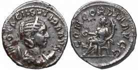 245-248 d.C. Otacilia Severa. Roma. Antoniniano. Ve. 3,78 g. CONCORDIA AVG G Busto con diadema y drapeado a la derecha en media luna /Concordia sentad...