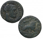 285-286 d.C.. Maximiano Hércules. Antioquía. 1/2 Nummus. Ve. 1,79 g. MUY RARA con reverso de Léon mandado acuñar por Constantino I. BC+. Est.160.