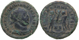 293-306 d.C. Galerio Maximiano (293-306 dC). Cycico 2ª oficina. Radiado post-reforma . Ae. 3,13 g. CONCORDIA MILITVM. BC+. Est.20.