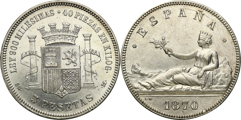 Spain
Spain. 5 pesetas 1870 - BEAUTIFUL 

Pięknie zachowana moneta z blaskiem...