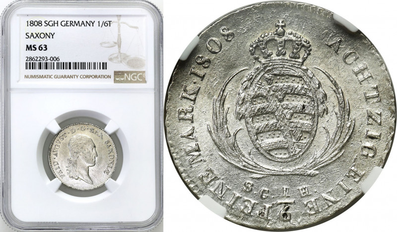 Germany
Germany, Saxony. Frederick Augustus I (1806-1827). 1/6 Thaler 1808 SCH,...
