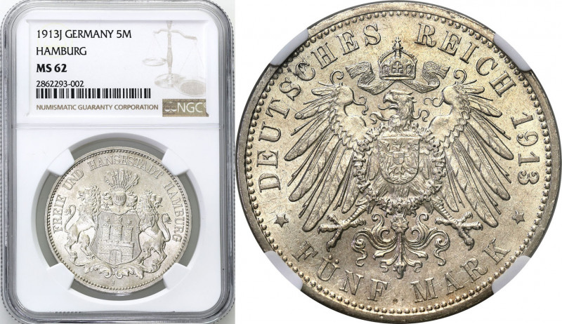 Germany
Germany. 5 Mark 1913 J, Hamburg NGC MS62 - BEAUTIFUL 

Wyśmienicie za...