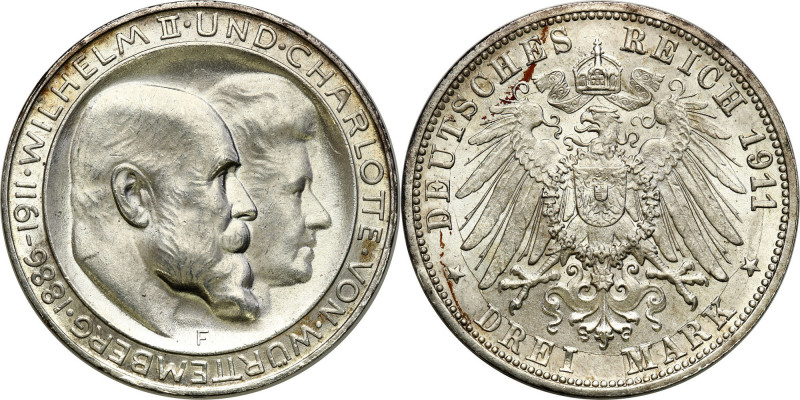 Germany
Germany, Wrttemberg. 3 mark 1911 F, Stuttgart 

Wybite na 25 rocznicę...