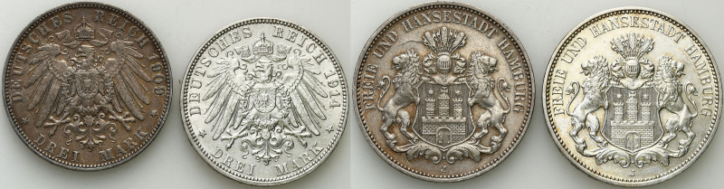 Germany
Germany, Hamburg. 3 marks 1909, 1914 J, Hamburg - set of 2 coins 

Je...