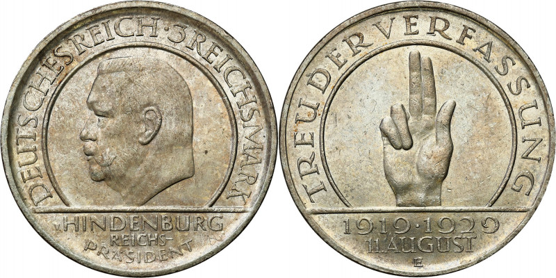 Germany
Germany, Weimar. 3 mark 1929 E, Muldenhtten 

Połysk menniczy.Jaeger ...