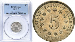 USA (United States of America)
USA 5 cents 1873 - Open 3, PCGS MS64 - BEAUTIFUL 

Połysk menniczy, subtelna patyna.Do monety dołączony certyfikat a...