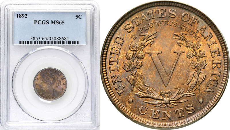 USA (United States of America)
USA. 5 cents 1892 PCGS MS65 - BEAUTIFUL 

Pięk...