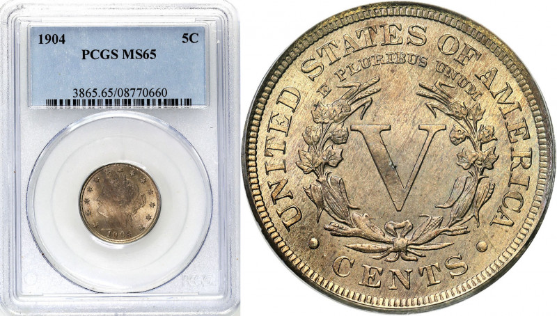 USA (United States of America)
USA. 5 cents 1904 PCGS MS65 - BEAUTIFUL 

Pięk...