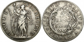 Italy
Italy, 5 francs L'an 10 (1801), Turin - RARE 

Rzadki typ monety w przyzwoitym stanie zachowania.KM 4

Details: 24,86 g Ag 
Condition: 3 (...