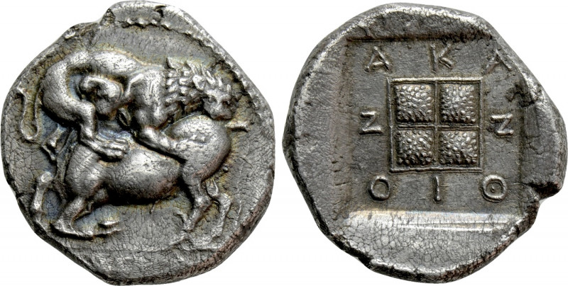 MACEDON. Akanthos. Tetradrachm (Circa 430-390 BC). 

Obv: Lion right, attackin...