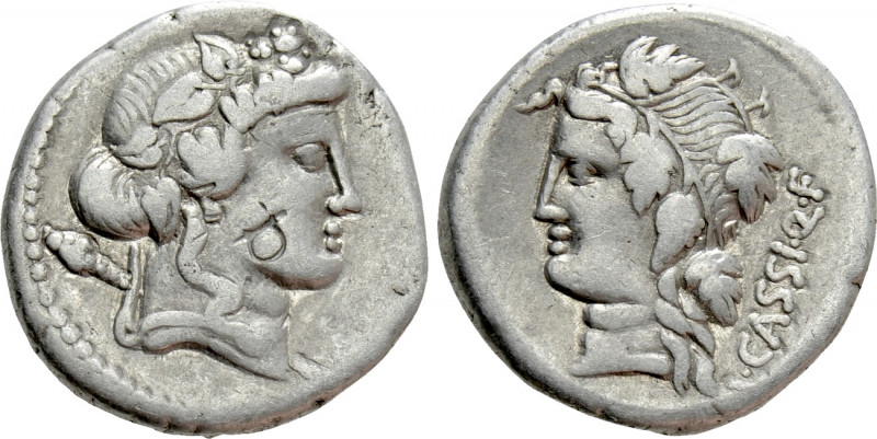 L. CASSIUS Q.F. LONGINUS. Denarius (75 BC). Rome. 

Obv: Head of Liber or youn...