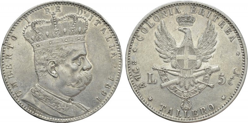 ITALY. Umberto I (1878-1900). Tallero / 5 Lire (1891). Eritrea colony. Rome mint...