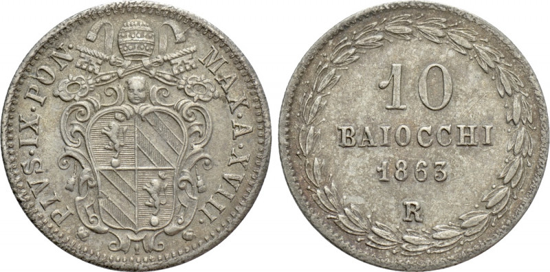 ITALY. Papal States. Pius IX (1846-1870). 10 Baiocchi (1863/XVIII). Rome. 

Ob...