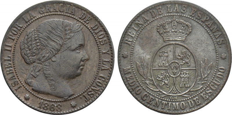 SPAIN. Isabella II (1833-1868). 1/2 Centimo (1868). Seville. 

Obv: ISABEL II ...