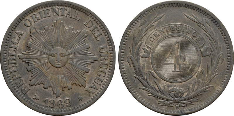 URUGUAY. 4 Centesimos (1869). Heaton's Mint, Birmingham. 

Obv: REPUBLICA ORIE...