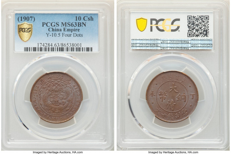 Kuang-hsü 10 Cash CD 1907 MS63 Brown PCGS, KM-Y10.5. Variety with four dots in r...