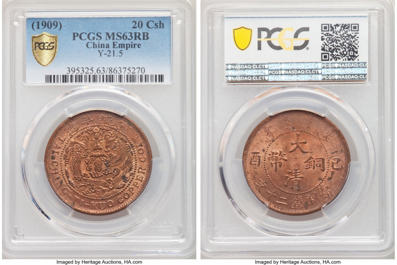 Hsüan-t'ung 20 Cash CD 1909 MS63 Red and Brown PCGS, KM-Y21.5, CL-HB.65. A fiery...