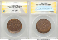 Honan. Republic Mint Error - Struck Off-Center 20 Cash ND (c. 1920) VF20 ANACS, cf. KM-Y392.2. Struck 15% off-center. Handsomely toned and clearly a c...