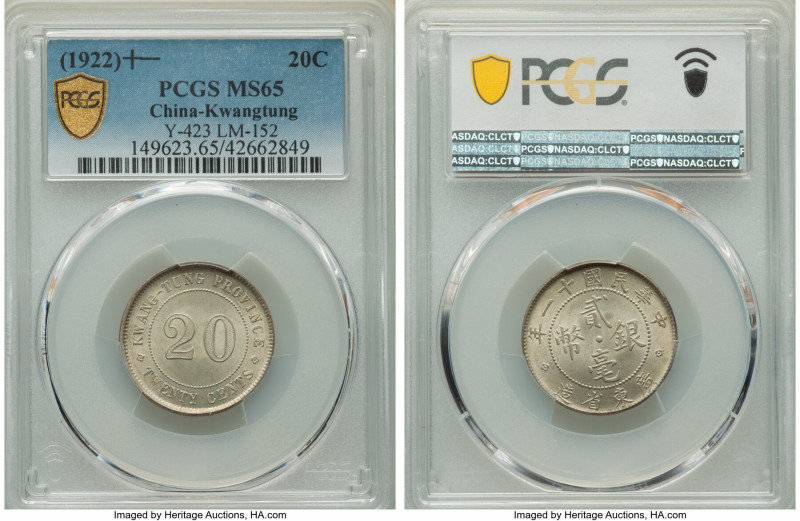 Kwangtung. Republic Pair of Certified 20 Cents Year 11 (1922) PCGS, 1) 20 Cents ...
