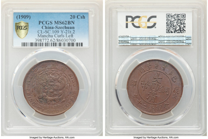 Szechuan. Hsüan-t'ung 20 Cash CD 1909 MS62 Brown PCGS, KM-Y21t.2, CL-SC.109. Var...