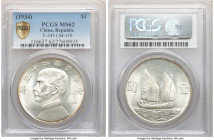 Republic Sun Yat-sen "Junk" Dollar Year 23 (1934) MS62 PCGS, KM-Y345, L&M-110. A notably frosty example imbued with multi-point luster and the occasio...