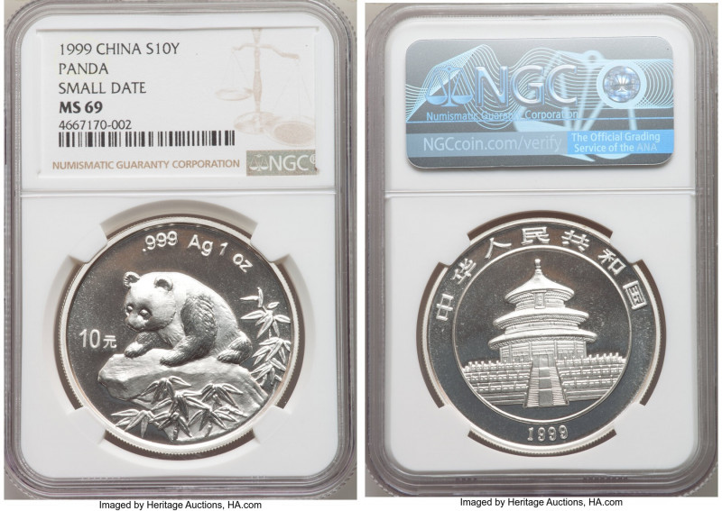 People's Republic silver "Small Date" Panda 10 Yuan (1 oz) 1999 MS69 NGC, KM1216...