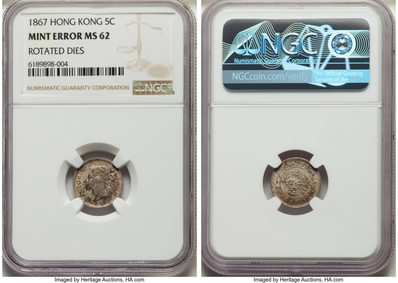 British Colony. Victoria Mint Error - Rotated Dies 5 Cents 1867 MS62 NGC, KM5, M...