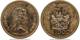 British Colony. Elizabeth II gold "Royal Visit" 1000 Dollars 1975 MS67 NGC, KM38. Struck to commemorate the royal visit of Queen Elizabeth II. AGW 0.4...