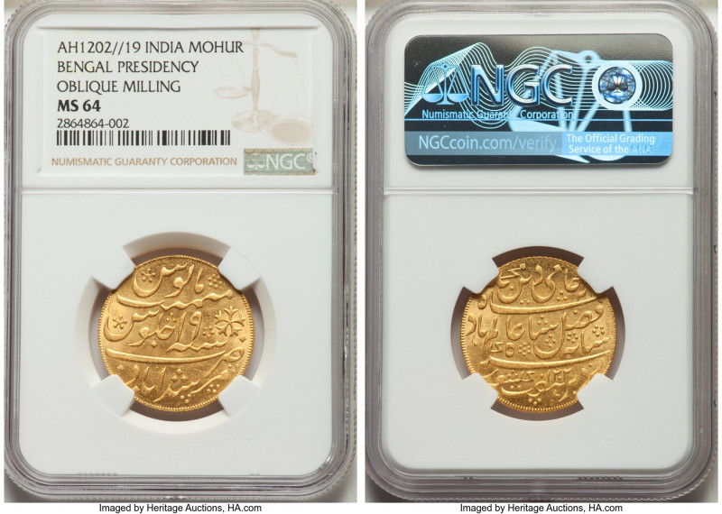 British India. Bengal Presidency gold Mohur AH 1202 Year 19 (1825-1830) MS64 NGC...