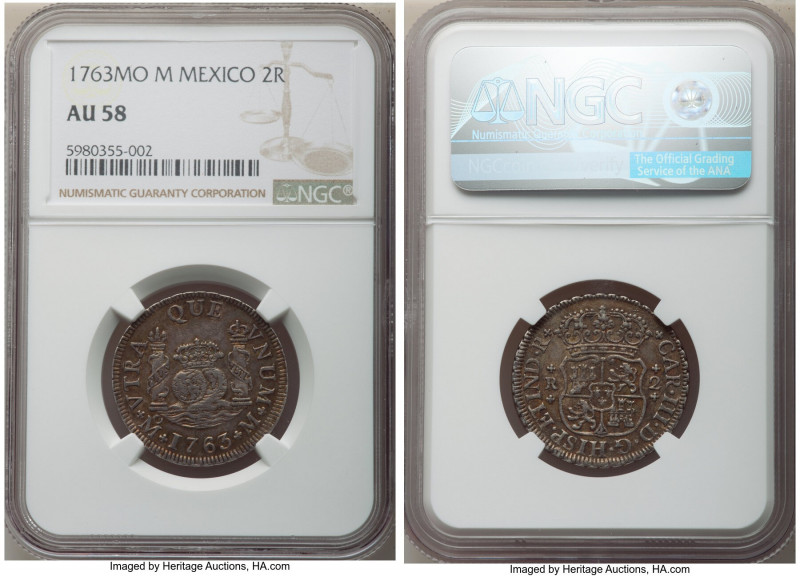 Charles III 2 Reales 1763 Mo-M AU58 NGC, Mexico City mint, KM87, Cal-647. An elu...