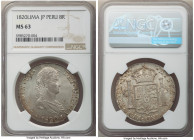 Ferdinand VII 8 Reales 1820 LM-JP MS63 NGC, Lima mint, KM117.1, Cal-1074. Fully choice and frosty, boasting a resounding cartwheel luster that effortl...