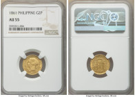 Spanish Colony. Isabel II gold 2 Pesos 1861 AU55 NGC, Manila mint, KM143. A pleasing harvest gold example retaining sharp brilliance in the peripherie...