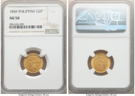 Spanish Colony. Isabel II gold 2 Pesos 1868 AU50 NGC, Manila mint, KM143, Cal-850. The final date for the type, only very lightly handling to bound th...