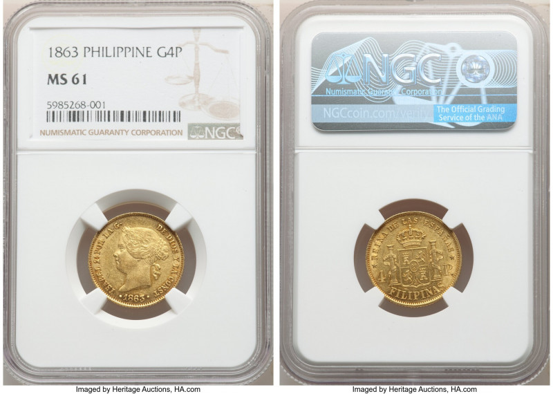 Spanish Colony. Isabel II gold 4 Pesos 1863 MS61 NGC, Manila mint, KM144, Cal-85...