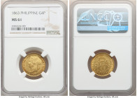 Spanish Colony. Isabel II gold 4 Pesos 1863 MS61 NGC, Manila mint, KM144, Cal-856. Very much an outlier for the type, with only 2 MS62's certified fin...