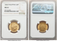 Spanish Colony. Isabel II gold 4 Pesos 1868 MS61 NGC, Manila mint, KM144, Cal-865. A firmly Mint State survivor of this conditionally more difficult t...