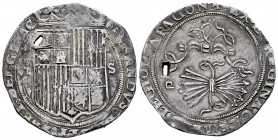 Catholic Kings (1474-1504). 8 reales. Sevilla. (Cal-578). Ag. 26,26 g. Shield between VIII - S. "Square d" assayer. Holed. VF. Est...800,00. 

Spani...