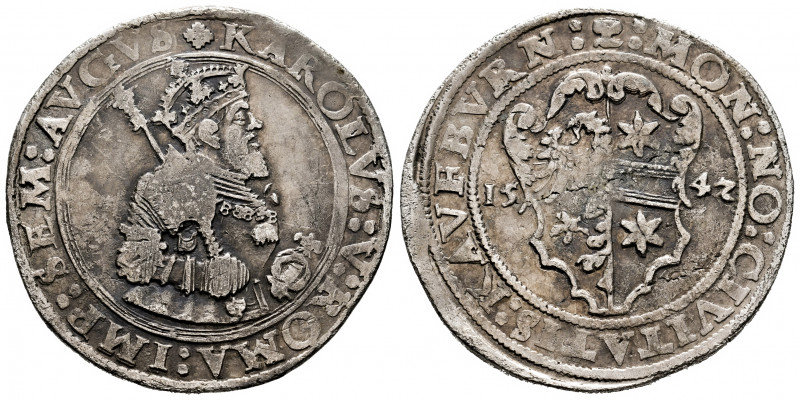 Charles I (1516-1556). Taler. 1542. Kaufbeuren. (Dav-9344). Ag. 28,08 g. In the ...