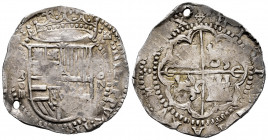 Philip II (1556-1598). 4 reales. 1592. Toledo. M / C-C. (Cal-622). Ag. 13,50 g. C - C on reverse. Holed. Large flan. Of the highest rarity. Choice VF....
