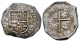 Philip II (1556-1598). 8 reales. 1598. Granada. M. (Cal-649). Ag. 27,24 g. OMNIVM type. Second specimen known. Very rare. Ex Aureo 20/03/2014, lot 147...