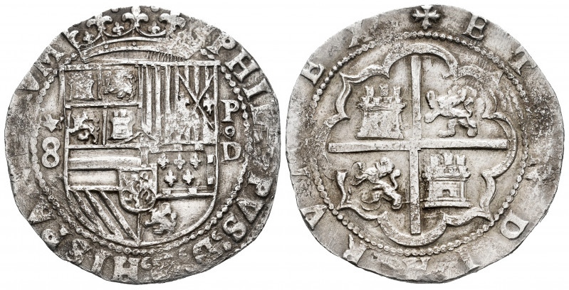 Philip II (1556-1598). 8 reales. ND. Lima. D. (Cal-654). Ag. 27,34 g. Shield bet...
