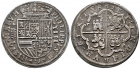 Philip II (1556-1598). 8 reales. 1588. Segovia. (Cal-692). Ag. 25,49 g. The value between ornaments. Aqueduct with two rows of five and six arches. Su...