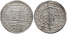 Philip II (1556-1598). 8 reales. 1590. Segovia. (Cal-711). Ag. 25,57 g. Aqueduct with two rows of three arches. Legends separated by pellets. Surface ...