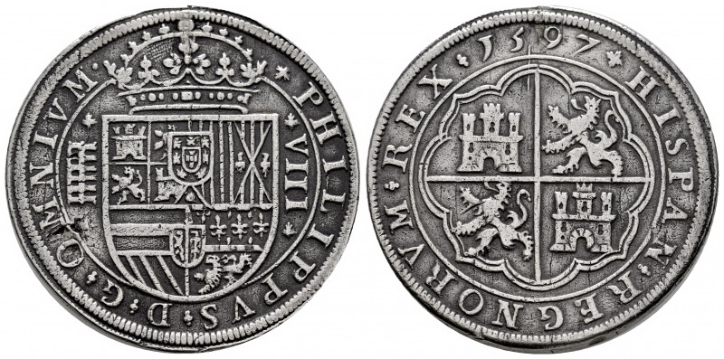 Philip II (1556-1598). 8 reales. 1597. Segovia. (Cal-718). Ag. 26,16 g. OMNIVM t...