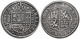 Philip II (1556-1598). 8 reales. 1597. Segovia. (Cal-718). Ag. 26,16 g. OMNIVM type. Aqueduct with two rows of ive arches. Proficiently repaired weldi...